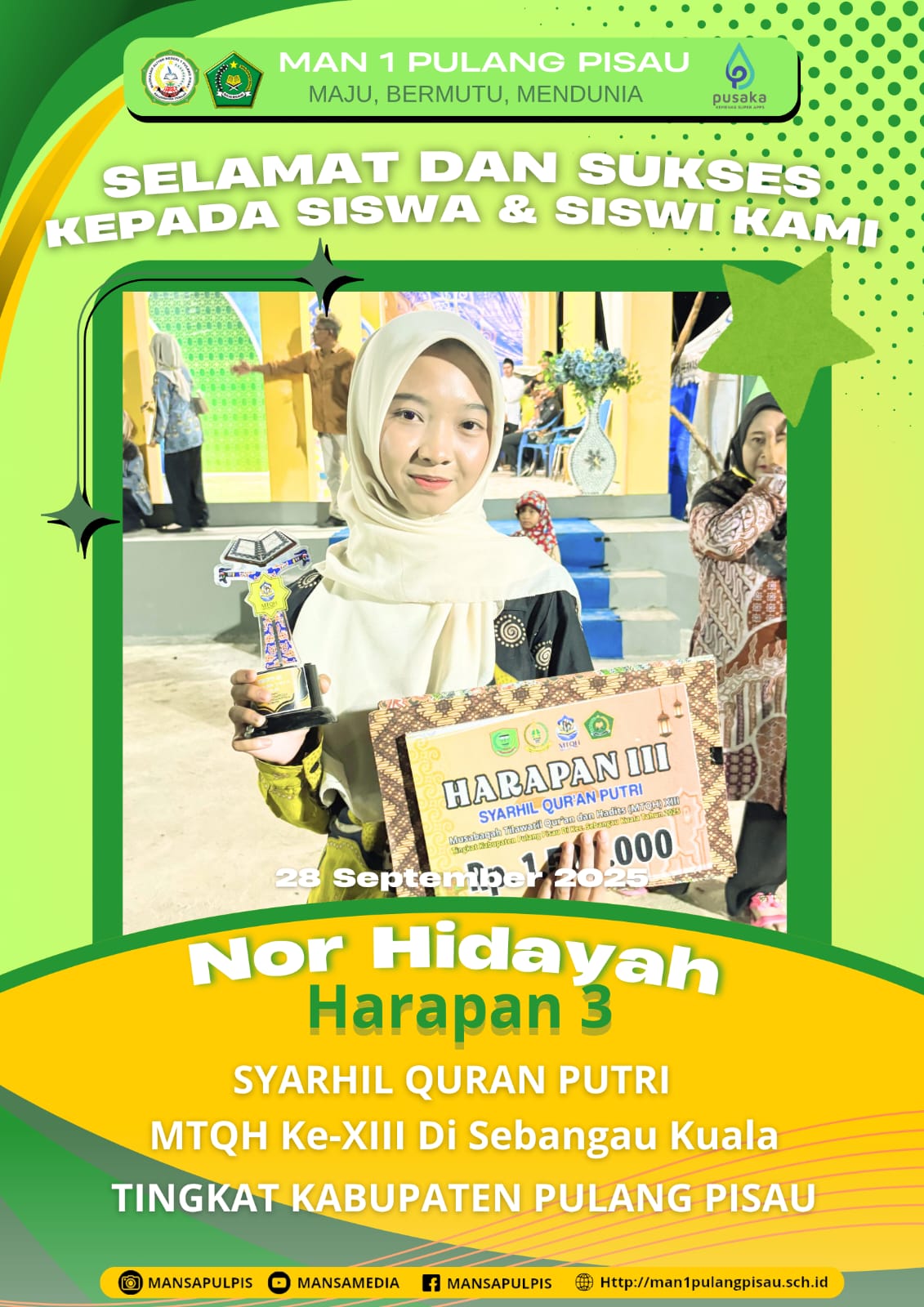 SISWI MAN 1 PULANG PISAU PLUS KETERAMPILAN MERAIH JUARA HARAPAN 3 DALAM MTQH KE-XIII TINGKAT KABUPATEN PULANG PISAU TAHUN 2025